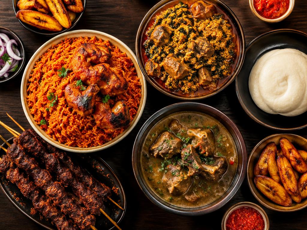 A spread of Nigerian dishes: jollof rice, egusi, suya, plantains and pounded yam