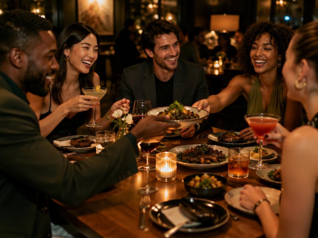 Friends sharing dinner and cocktails at Levels