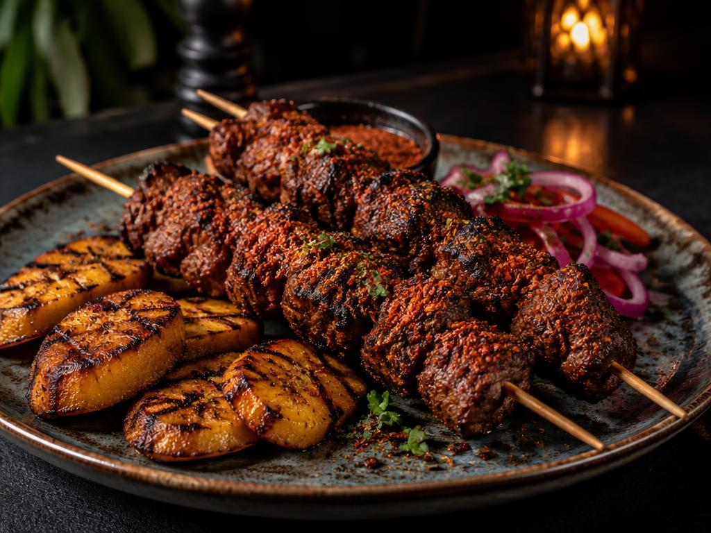 Peanut-spiced suya skewers with grilled plantains
