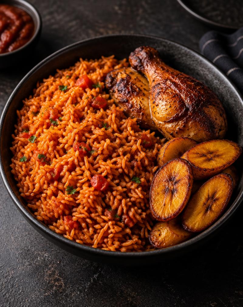 Bowl of Nigerian jollof rice with grilled chicken and plantains