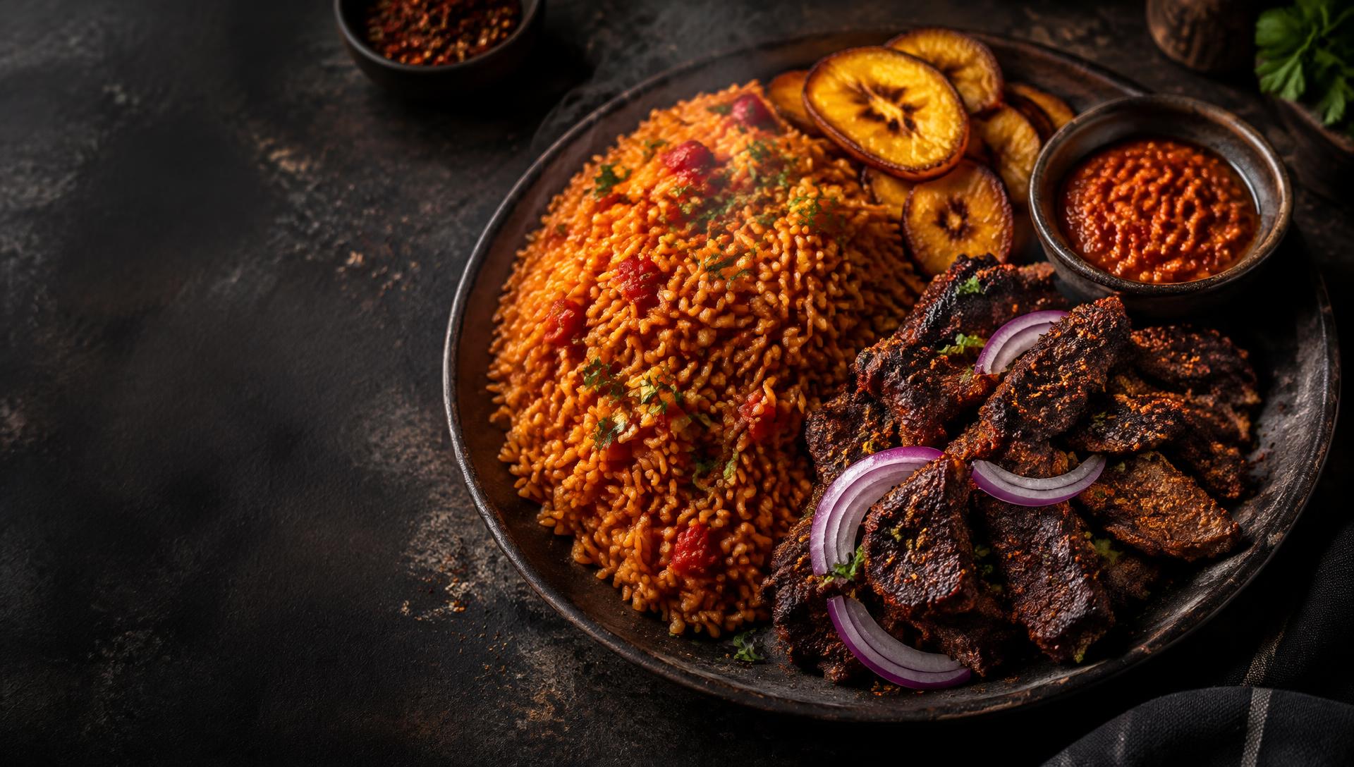 Nigerian jollof rice, grilled suya and plantains on a dark table